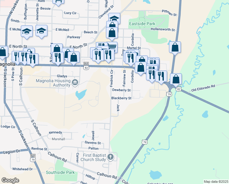 map of restaurants, bars, coffee shops, grocery stores, and more near 1321 Dewberry Street in Magnolia