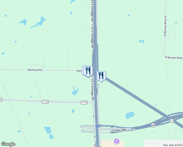 map of restaurants, bars, coffee shops, grocery stores, and more near Interstate 35 in Denton