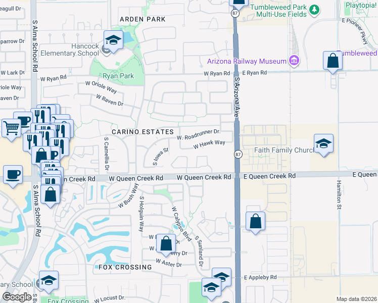 map of restaurants, bars, coffee shops, grocery stores, and more near 263 West Hawk Way in Chandler