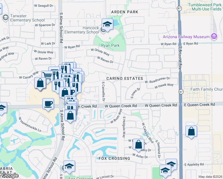 map of restaurants, bars, coffee shops, grocery stores, and more near 681 West Roadrunner Court in Chandler