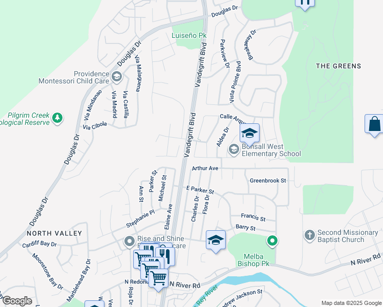 map of restaurants, bars, coffee shops, grocery stores, and more near 4976 El Mirlo Drive in Oceanside