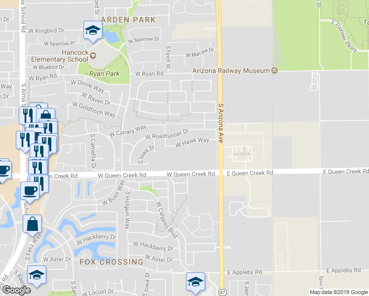 map of restaurants, bars, coffee shops, grocery stores, and more near 2880 South Sunland Court in Chandler