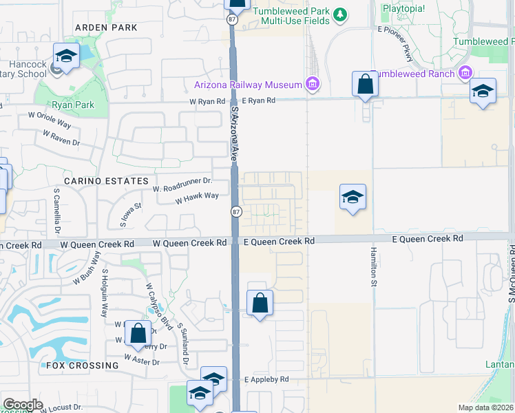 map of restaurants, bars, coffee shops, grocery stores, and more near 129 Roadrunner Drive in Chandler