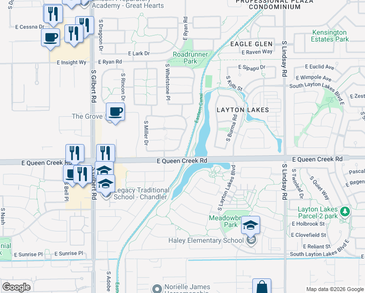 map of restaurants, bars, coffee shops, grocery stores, and more near 2933 South Buckskin Way in Chandler
