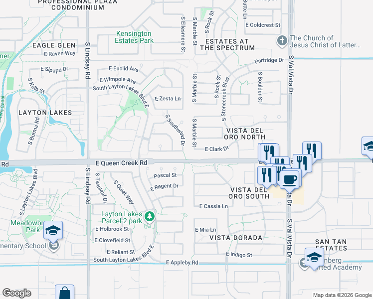 map of restaurants, bars, coffee shops, grocery stores, and more near 1236 Clark Drive in Gilbert