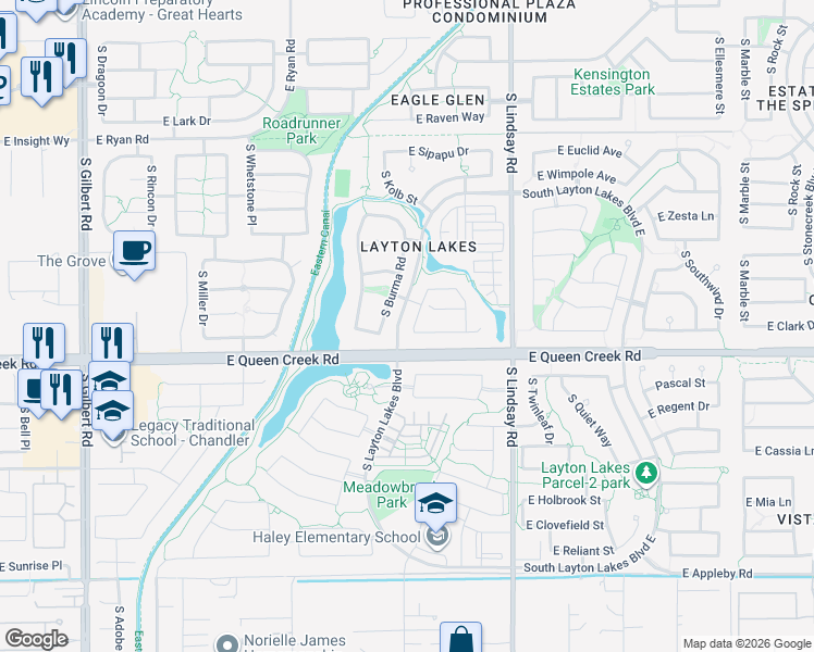 map of restaurants, bars, coffee shops, grocery stores, and more near 4748 South Riata Street in Gilbert