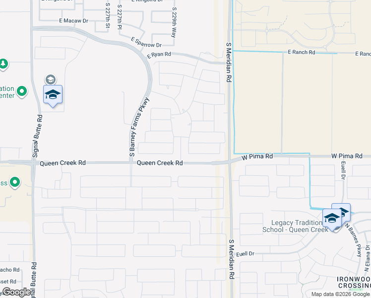 map of restaurants, bars, coffee shops, grocery stores, and more near Queen Creek Road in Queen Creek