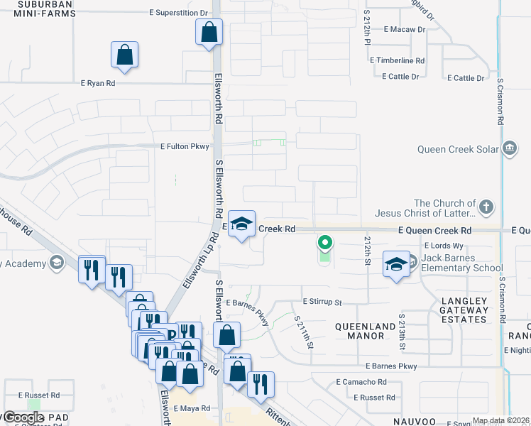 map of restaurants, bars, coffee shops, grocery stores, and more near 20882-20908 East Queen Creek Road in Queen Creek