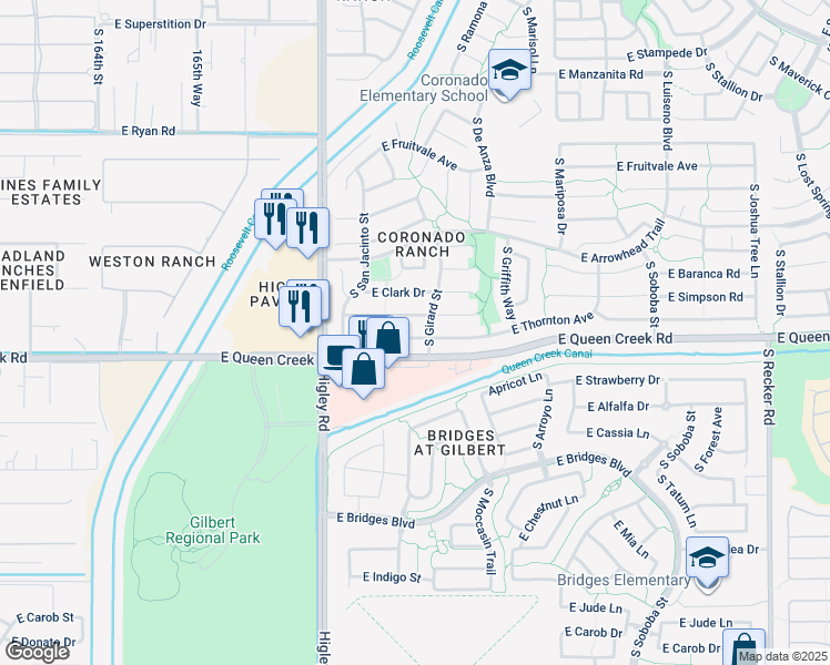 map of restaurants, bars, coffee shops, grocery stores, and more near 3354 East Thornton Avenue in Gilbert