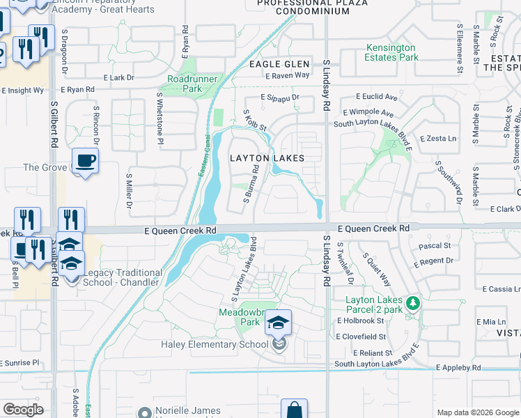 map of restaurants, bars, coffee shops, grocery stores, and more near 4748 South Riata Street in Gilbert