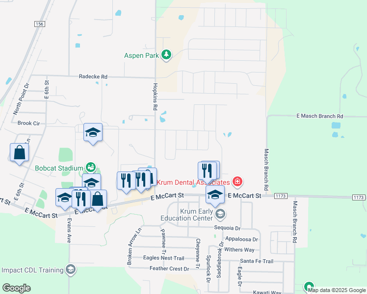 map of restaurants, bars, coffee shops, grocery stores, and more near 3425 Coolmore Drive in Krum