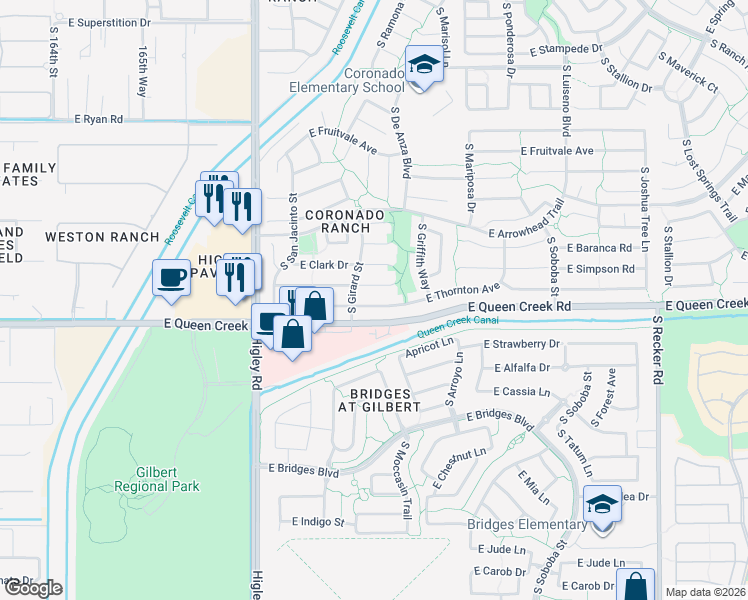 map of restaurants, bars, coffee shops, grocery stores, and more near 3438 East Thornton Avenue in Gilbert