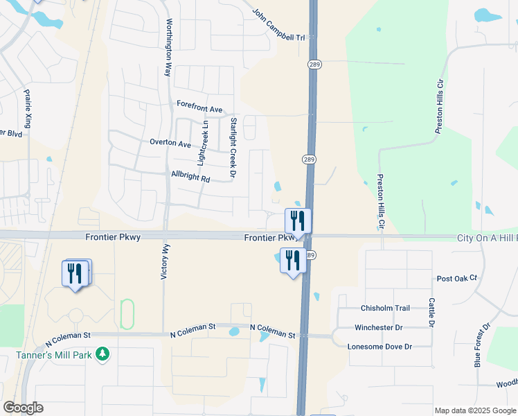 map of restaurants, bars, coffee shops, grocery stores, and more near 212 Frontier Parkway in Prosper