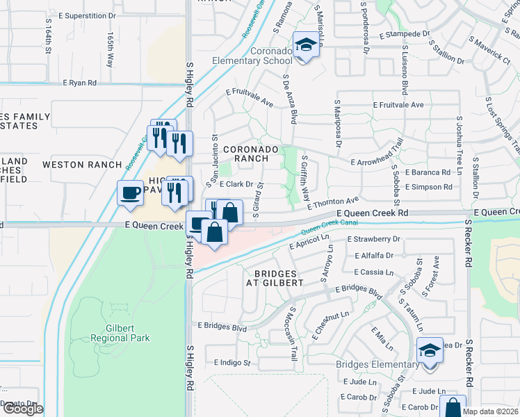 map of restaurants, bars, coffee shops, grocery stores, and more near 3438 East Thornton Avenue in Gilbert