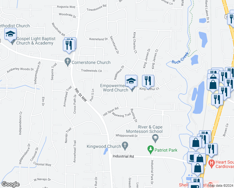 map of restaurants, bars, coffee shops, grocery stores, and more near 1440 Alexander Court in Alabaster
