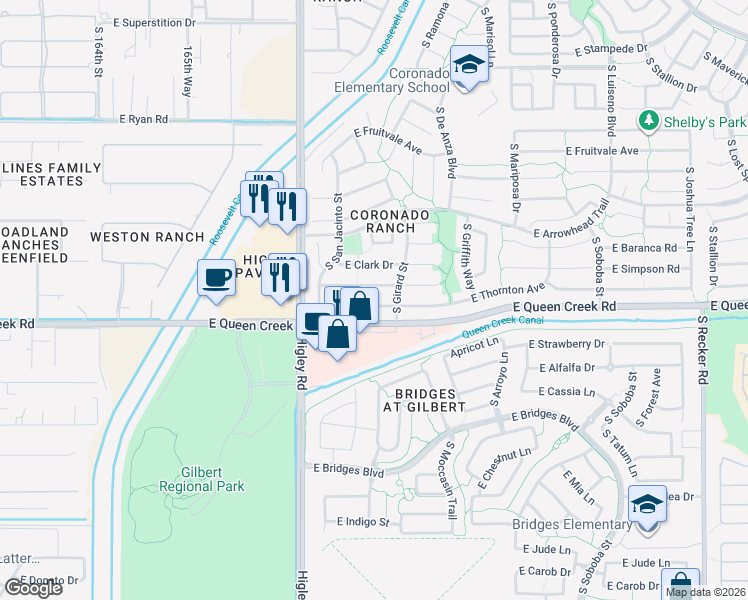 map of restaurants, bars, coffee shops, grocery stores, and more near 3354 East Thornton Avenue in Gilbert