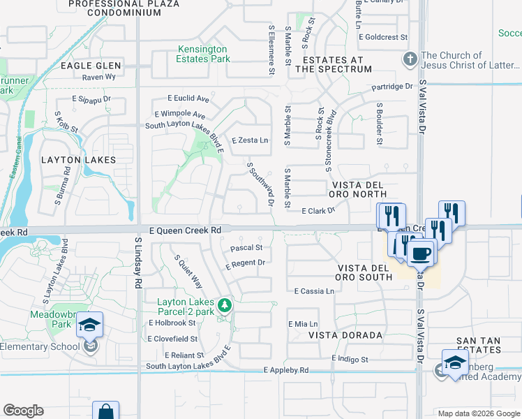map of restaurants, bars, coffee shops, grocery stores, and more near 4749 South Watauga Drive in Gilbert