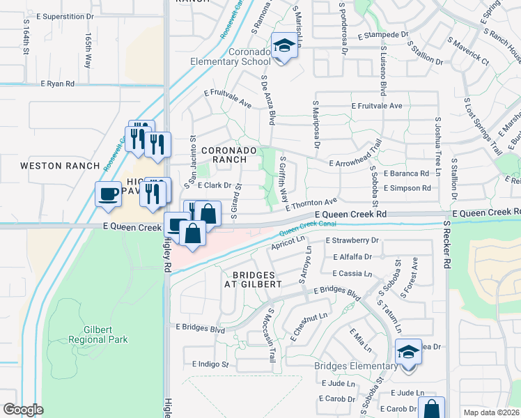 map of restaurants, bars, coffee shops, grocery stores, and more near 3438 East Thornton Avenue in Gilbert