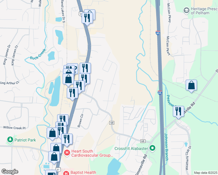 map of restaurants, bars, coffee shops, grocery stores, and more near 228 High Ridge Drive in Pelham