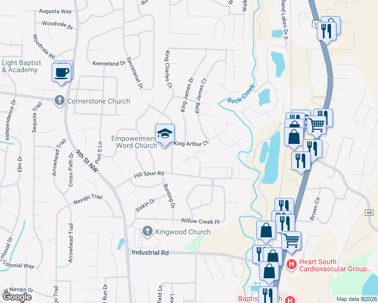 map of restaurants, bars, coffee shops, grocery stores, and more near 109 Hill Street in Alabaster
