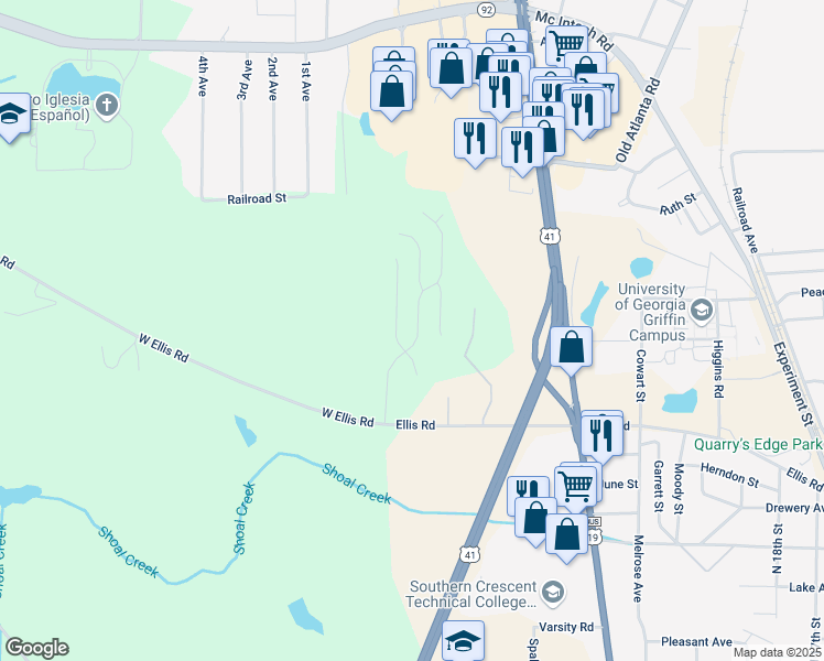 map of restaurants, bars, coffee shops, grocery stores, and more near 109 Crystal Brook in Griffin
