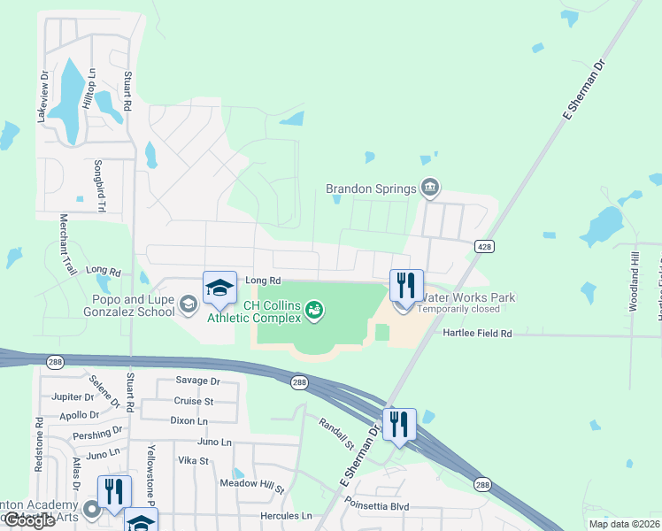 map of restaurants, bars, coffee shops, grocery stores, and more near 2400 Long Road in Denton