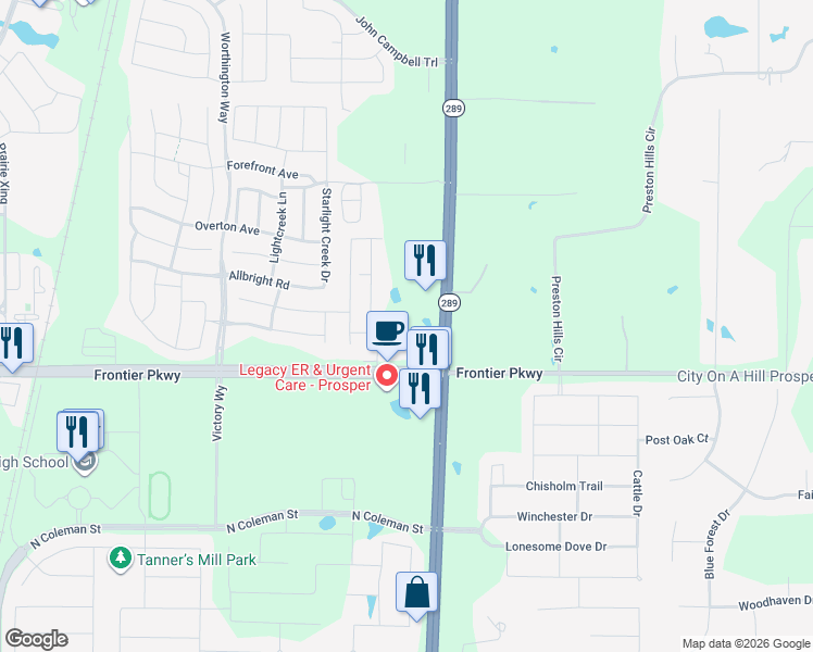 map of restaurants, bars, coffee shops, grocery stores, and more near 212 Frontier Parkway in Prosper