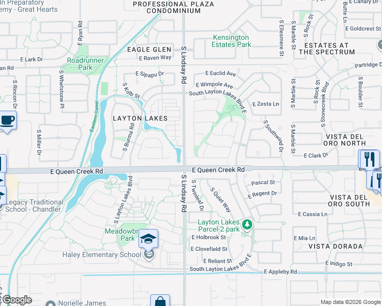 map of restaurants, bars, coffee shops, grocery stores, and more near 4736 South Twinleaf Drive in Gilbert