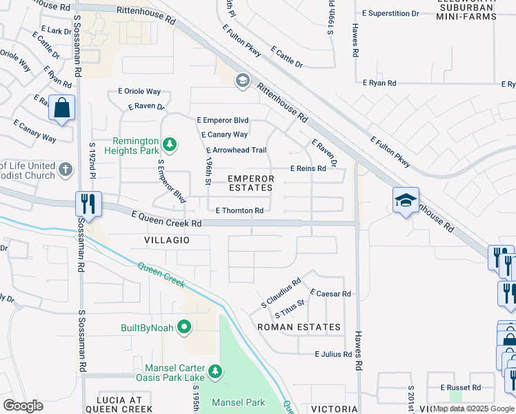 map of restaurants, bars, coffee shops, grocery stores, and more near 19744 East Thornton Road in Queen Creek