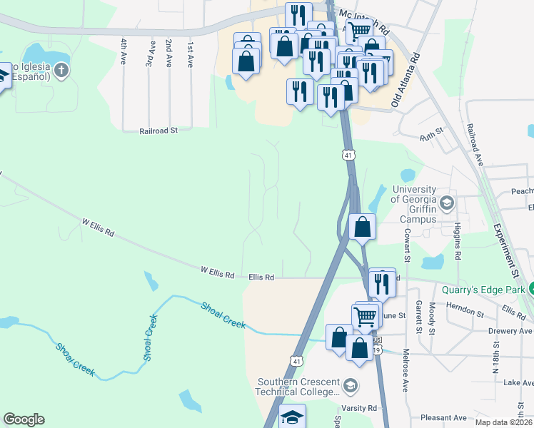 map of restaurants, bars, coffee shops, grocery stores, and more near 107 Crystal Brook in Griffin