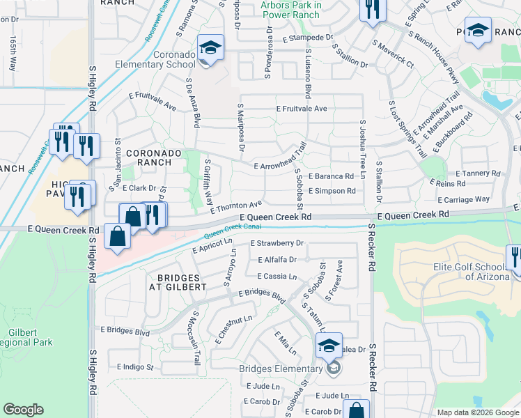 map of restaurants, bars, coffee shops, grocery stores, and more near 3725 East Thornton Avenue in Gilbert
