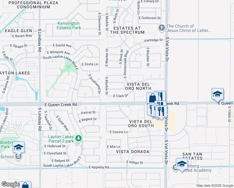 map of restaurants, bars, coffee shops, grocery stores, and more near 1290 Clark Drive in Gilbert