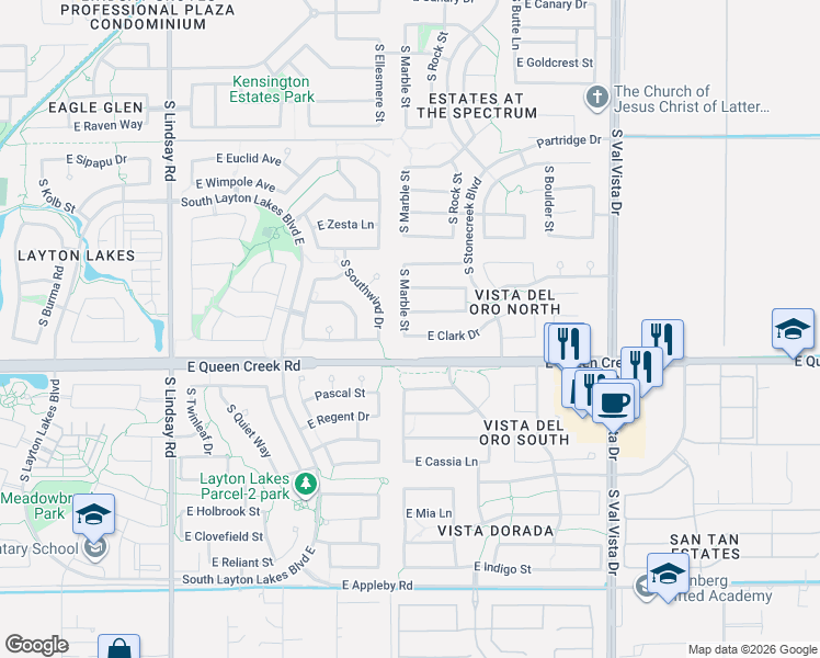 map of restaurants, bars, coffee shops, grocery stores, and more near 1236 Clark Drive in Gilbert