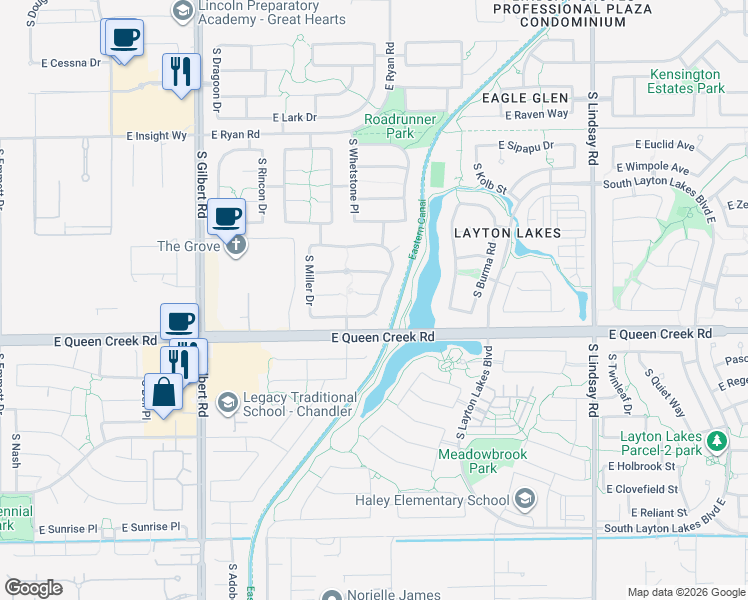 map of restaurants, bars, coffee shops, grocery stores, and more near 2933 South Buckskin Way in Chandler
