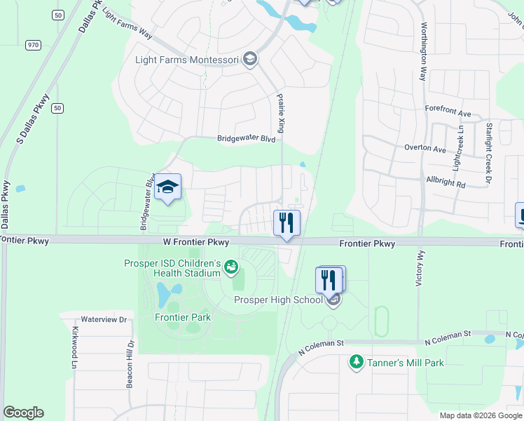 map of restaurants, bars, coffee shops, grocery stores, and more near 4520 Prairie Crossing in Prosper