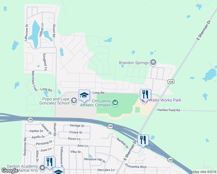 map of restaurants, bars, coffee shops, grocery stores, and more near Long Road in Denton