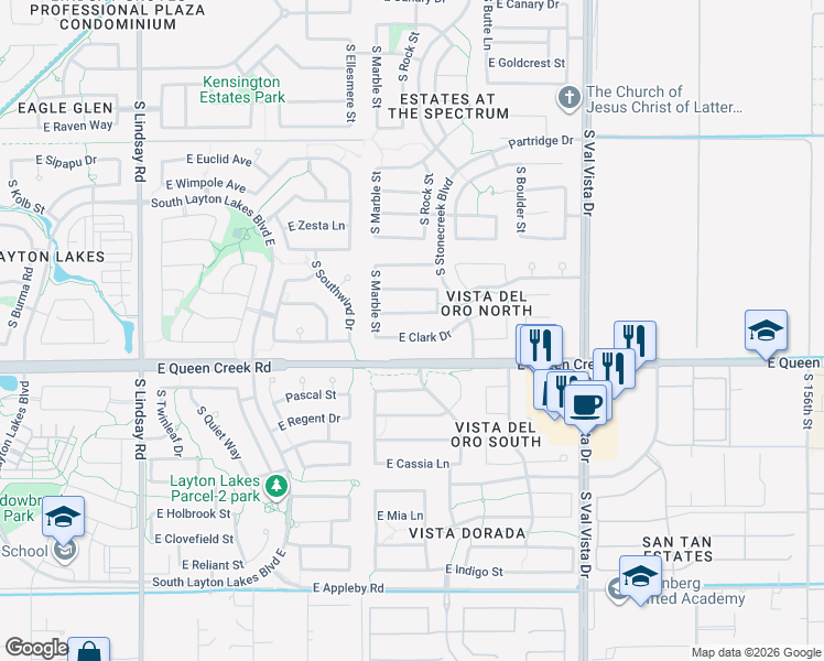 map of restaurants, bars, coffee shops, grocery stores, and more near 1290 Clark Drive in Gilbert
