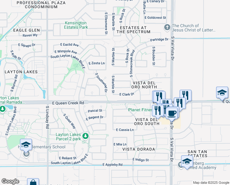 map of restaurants, bars, coffee shops, grocery stores, and more near 1236 Clark Drive in Gilbert