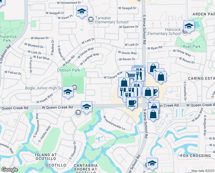 map of restaurants, bars, coffee shops, grocery stores, and more near 1343 West Roadrunner Drive in Chandler