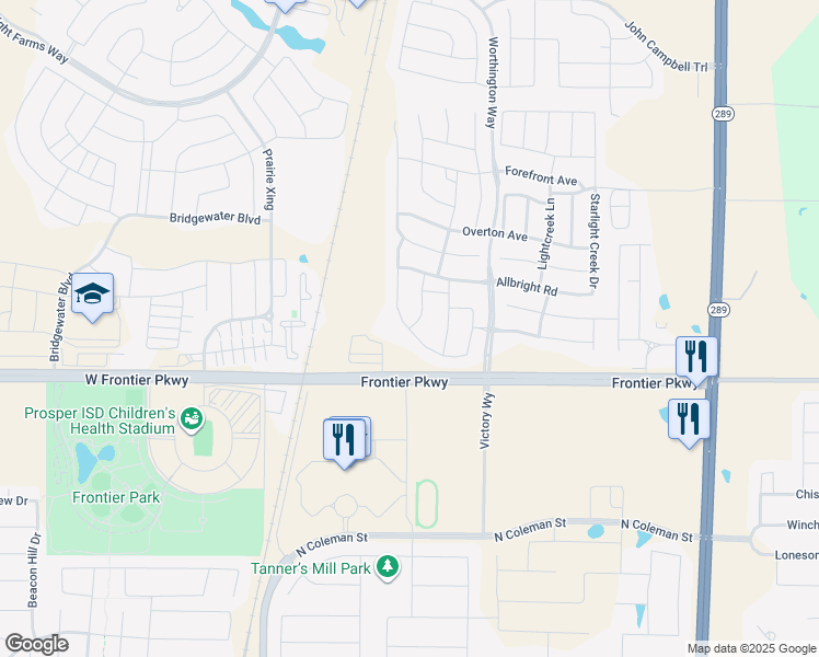 map of restaurants, bars, coffee shops, grocery stores, and more near Switchgrass Street in Prosper