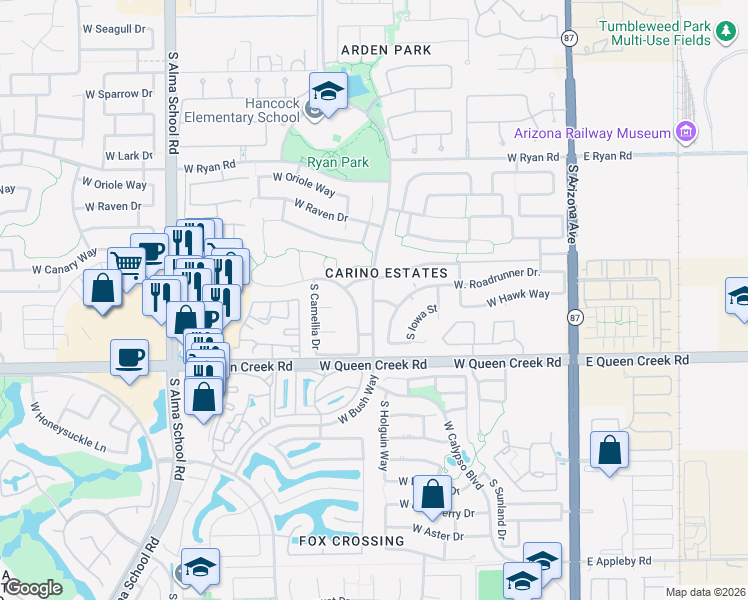 map of restaurants, bars, coffee shops, grocery stores, and more near 2863 South Hartford Street in Chandler