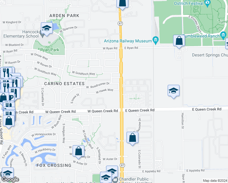 map of restaurants, bars, coffee shops, grocery stores, and more near 103 West Hawk Way in Chandler