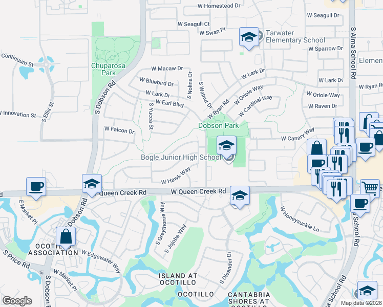 map of restaurants, bars, coffee shops, grocery stores, and more near 2831 South Nolina Place in Chandler