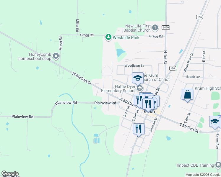 map of restaurants, bars, coffee shops, grocery stores, and more near 121 West Fifth Street in Krum