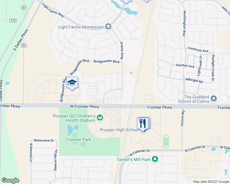 map of restaurants, bars, coffee shops, grocery stores, and more near 4430 Prairie Crossing in Prosper
