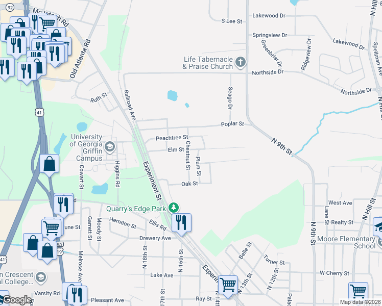 map of restaurants, bars, coffee shops, grocery stores, and more near 26 Chestnut Street in Griffin