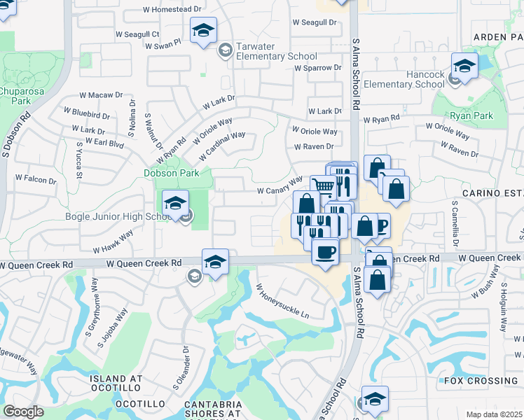 map of restaurants, bars, coffee shops, grocery stores, and more near 1343 West Roadrunner Drive in Chandler