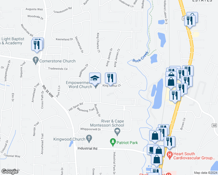 map of restaurants, bars, coffee shops, grocery stores, and more near 1123 King Arthur Court in Alabaster