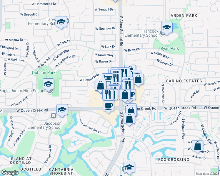 map of restaurants, bars, coffee shops, grocery stores, and more near 2850 South Alma School Road in Chandler