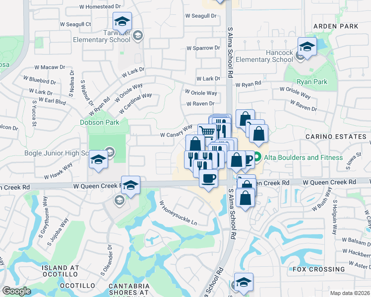map of restaurants, bars, coffee shops, grocery stores, and more near 2847 South Central Drive in Chandler